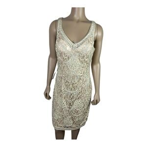 Sue Wong Nocturne Lace Embroidery V Neck Sleeveless Dress Champagne NWT Sz 6